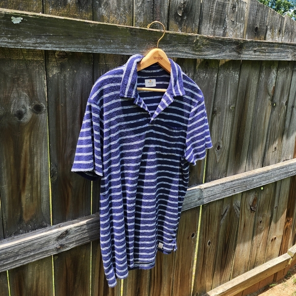 Marine Layer‎ Mens Large Blue Polo Striped Terry Cloth Beach Resort Casual - Picture 5 of 12